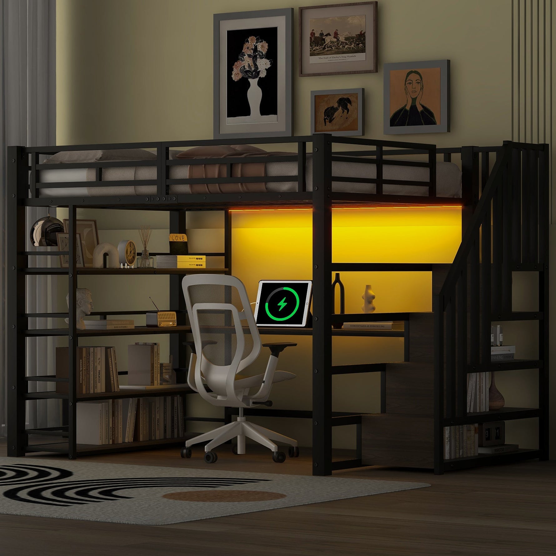Metal Loft Bed with Stairs, Desk, Storage, USB and LED, 140x200, Black