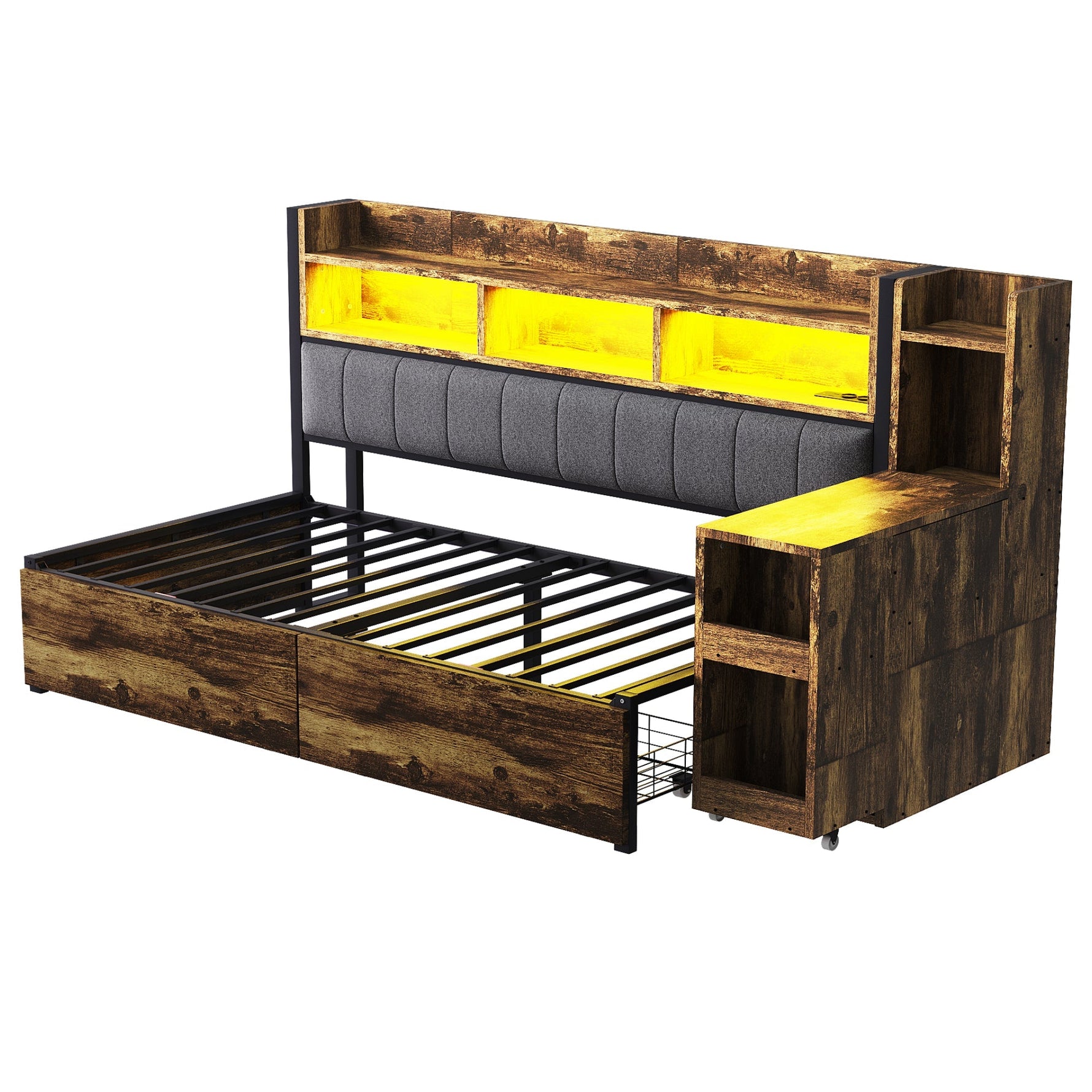 Single Bed with Movable Desk, Storage Drawers and Integrated Outlets, Metal