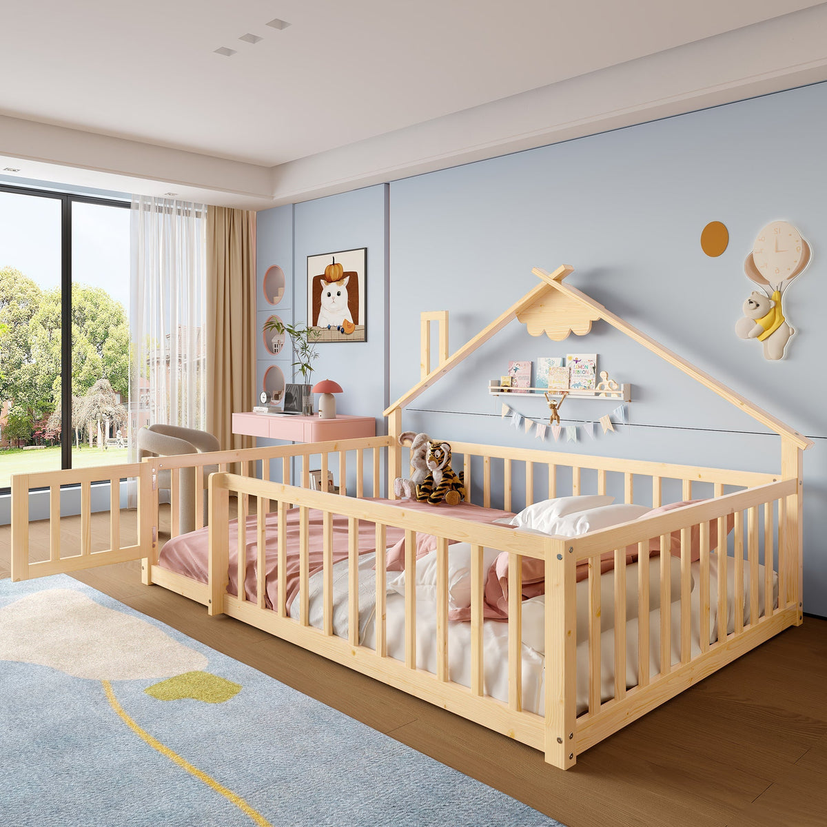 Flatbed 140x190cm House Rail with Lock - Pine Wood Natural