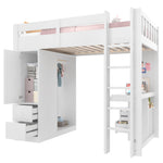 Loft Bed with Desk, Wardrobe, 4 Drawers, LED and USB, 90x200cm, White