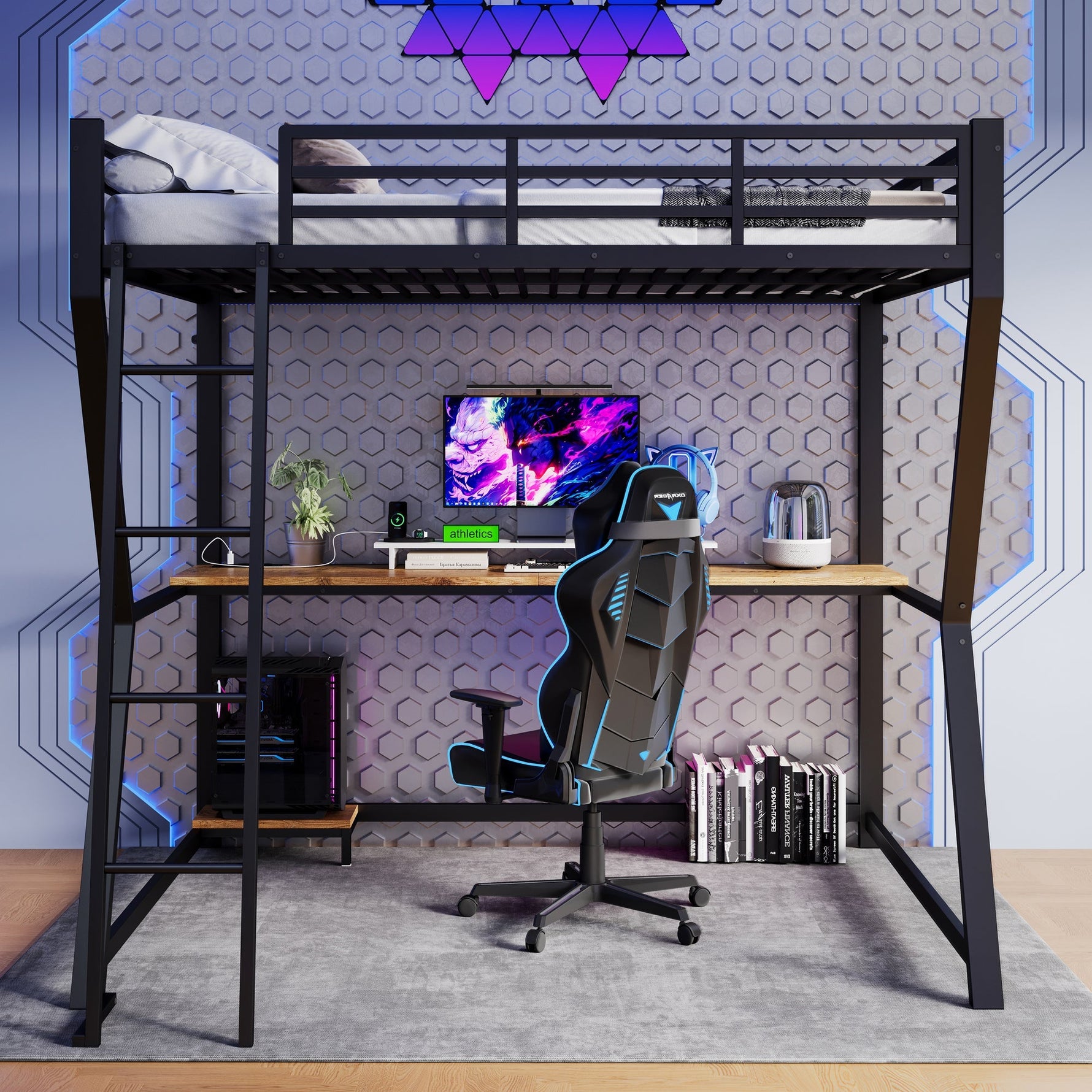 Loft Bed 140x200cm Desk Console Shelf LED USB/Power Stairs - Black