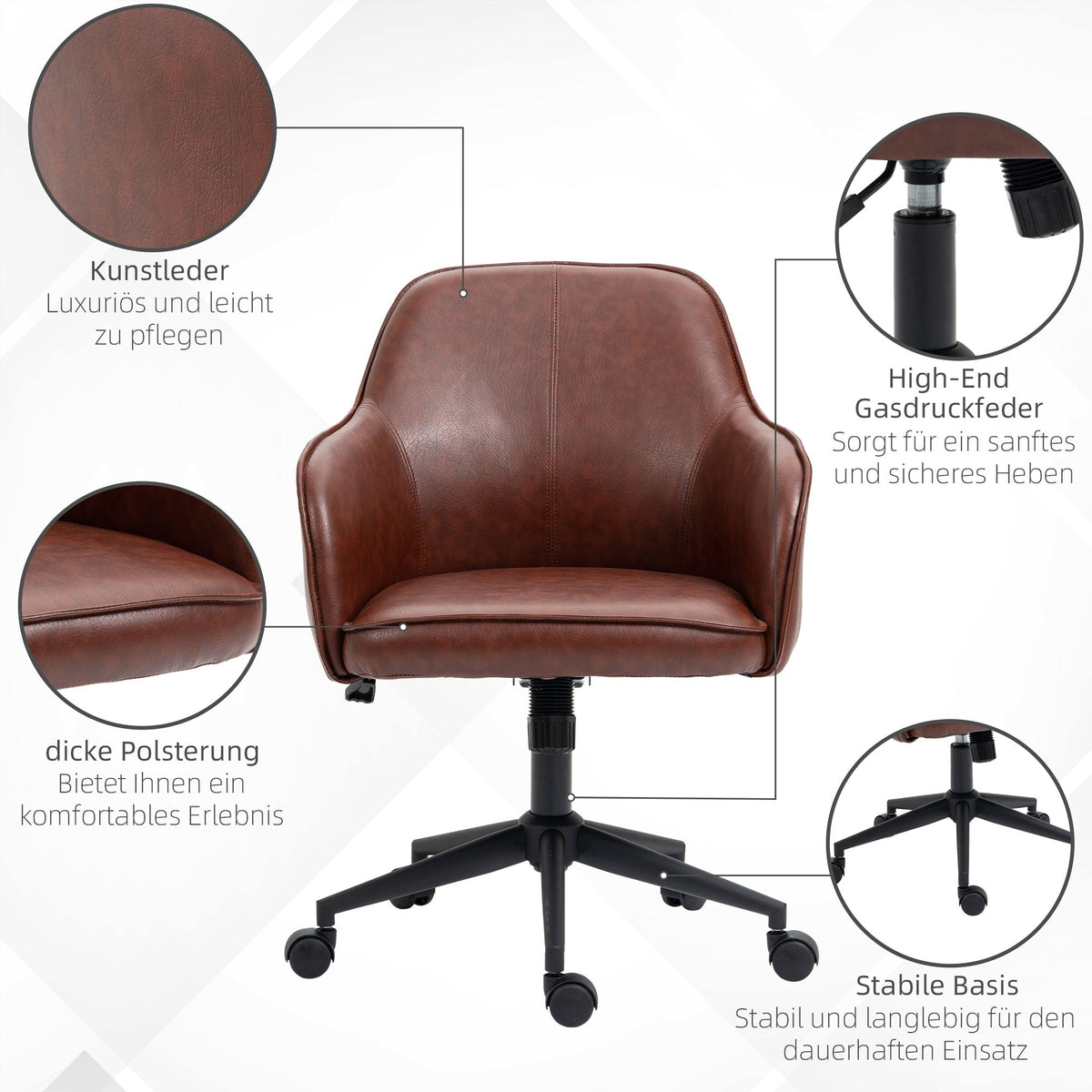 Office Chair Desk Chair Rocking Function Height Adjustable 120kg, Faux Leather Brown