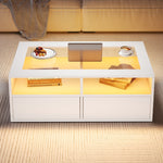 Coffee Table with LED Light and 2 Drawers, Glass and White