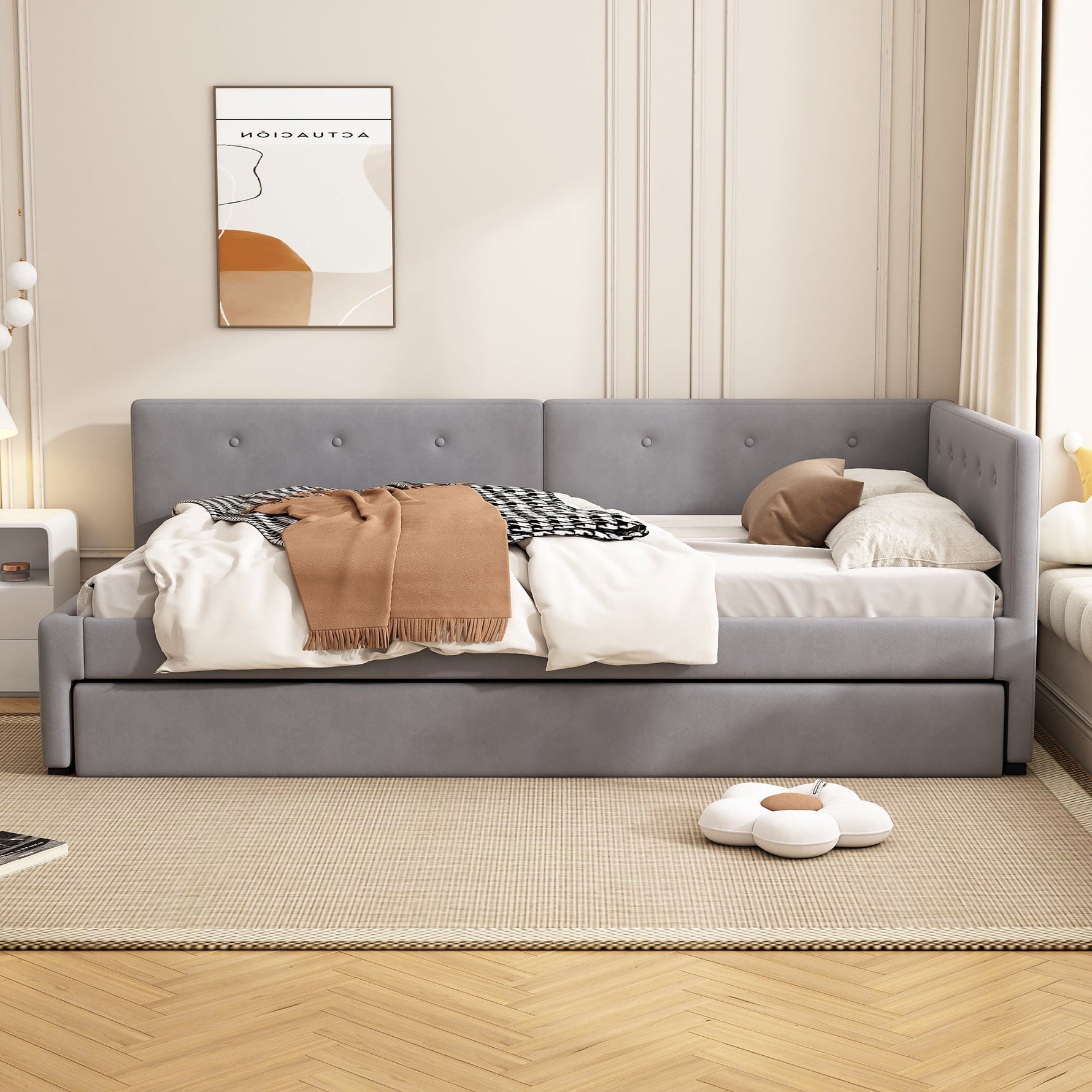 Daybed with Rollaway Bed, 90x200cm Single Sofa Bed and Lattenrost, Grey Velvet