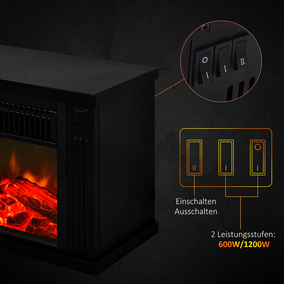 Electric Fireplace, Realistic Flame, Modern Look, Black