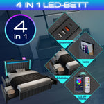 Upholstered Bed, 140x200cm Double with USB-C, LED & 4 Drawers, Gray