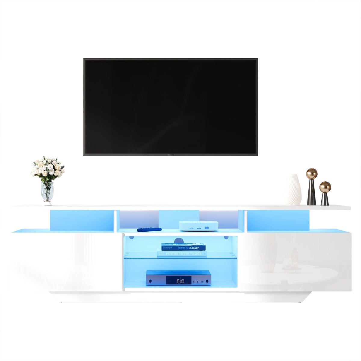 TV Cabinet 160x45cm High-Gloss LED Light 8 Shelves for 70-Inch TV, MDF