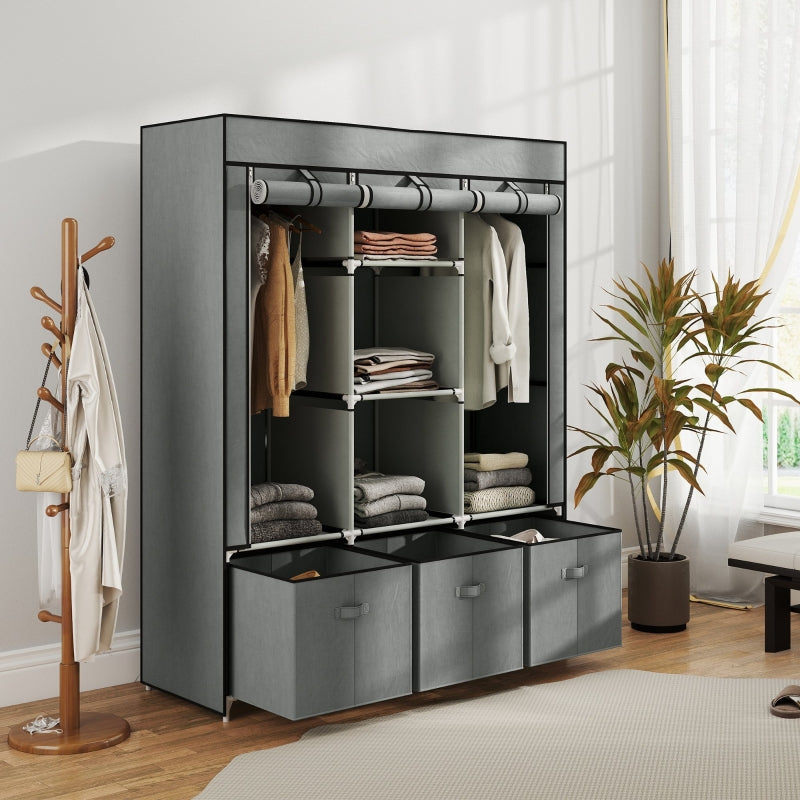 Wardrobe Folding Fabric with Clothes Rail Drawers Zipper, Light Grey