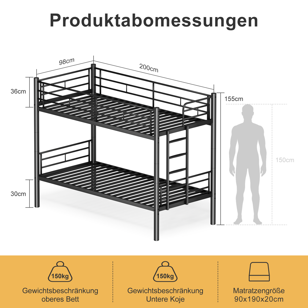 Children's Bunk Bed 90x200cm Convertible to 2 Beds, Black
