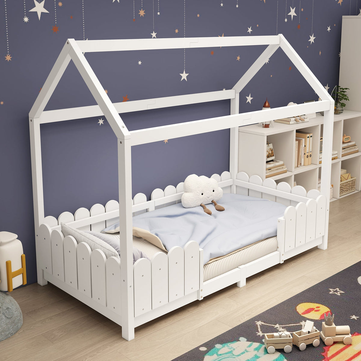 House bed 90x200 cm - versatile wooden children's bed with fall protection and slatted frame - white