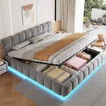 Upholstered Double Bed with Light Strip and Hydraulic Storage, 180x200cm, Grey Velvet