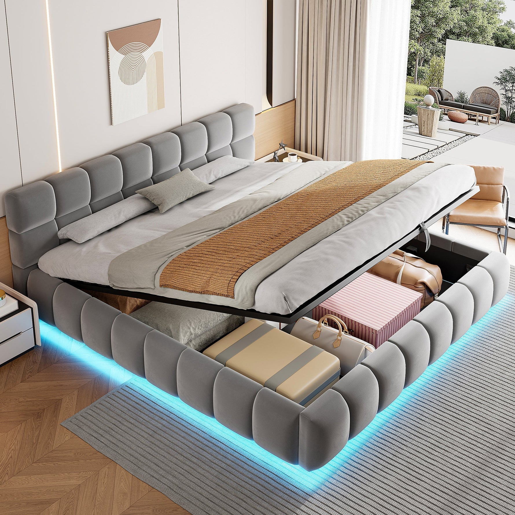 Upholstered Double Bed with Light Strip and Hydraulic Storage, 180x200cm, Grey Velvet