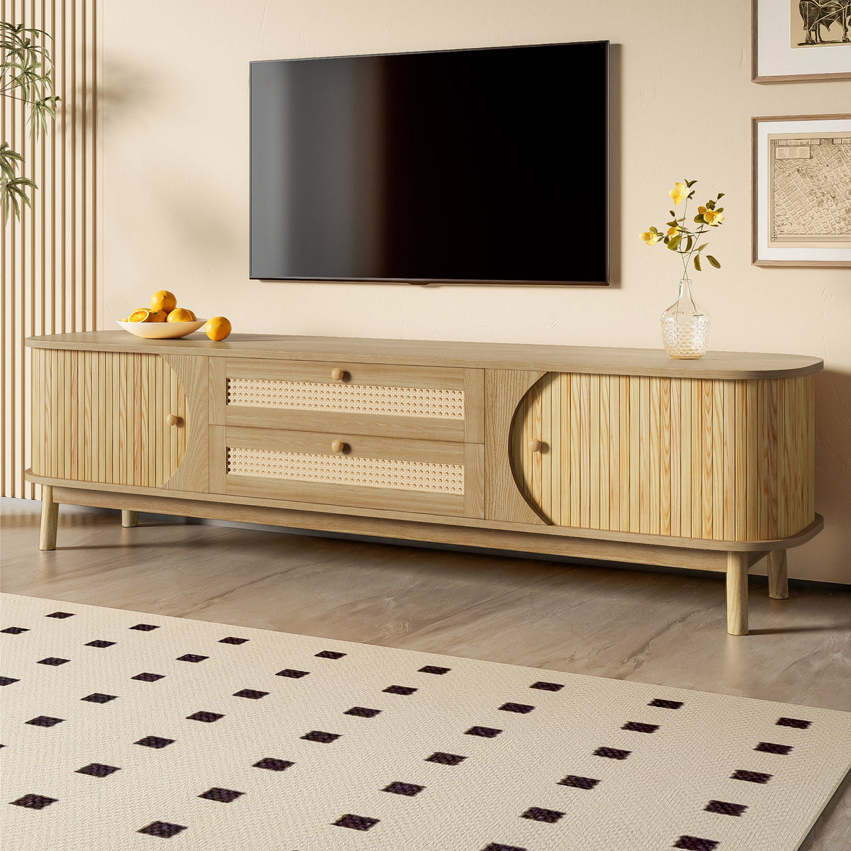 TV Cabinet with Doors, Drawers & Rattan Sides - Natural Wood Blend