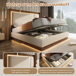 Youth Upholstered Bed 90x200 LED Bed Box - Linen Beige & Walnut