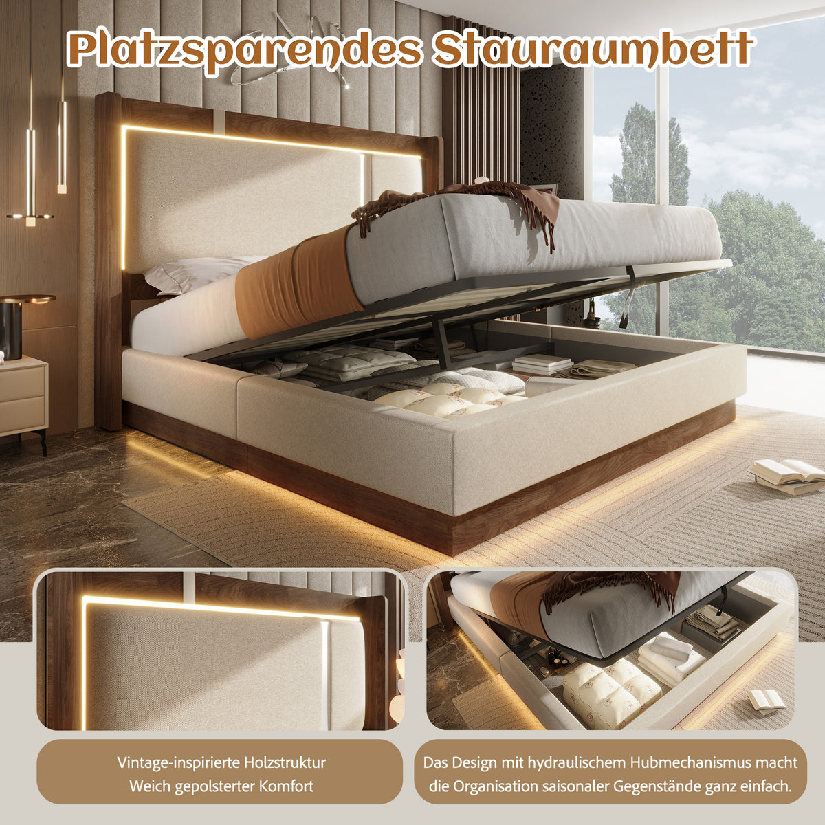Youth Upholstered Bed 90x200 LED Bed Box - Linen Beige & Walnut