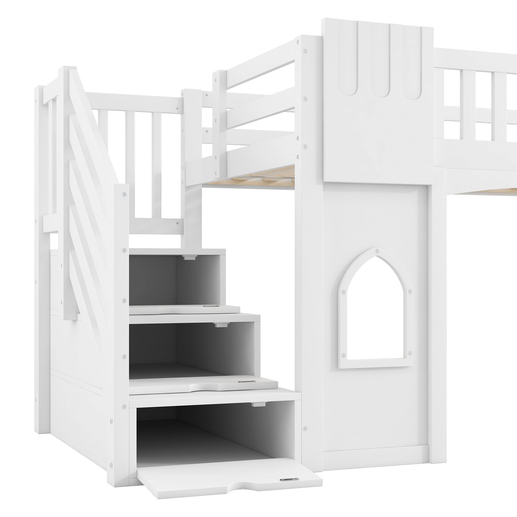 Loft Bed with Storage Stairs and Window, 90x200cm, White Pine Wood + MDF