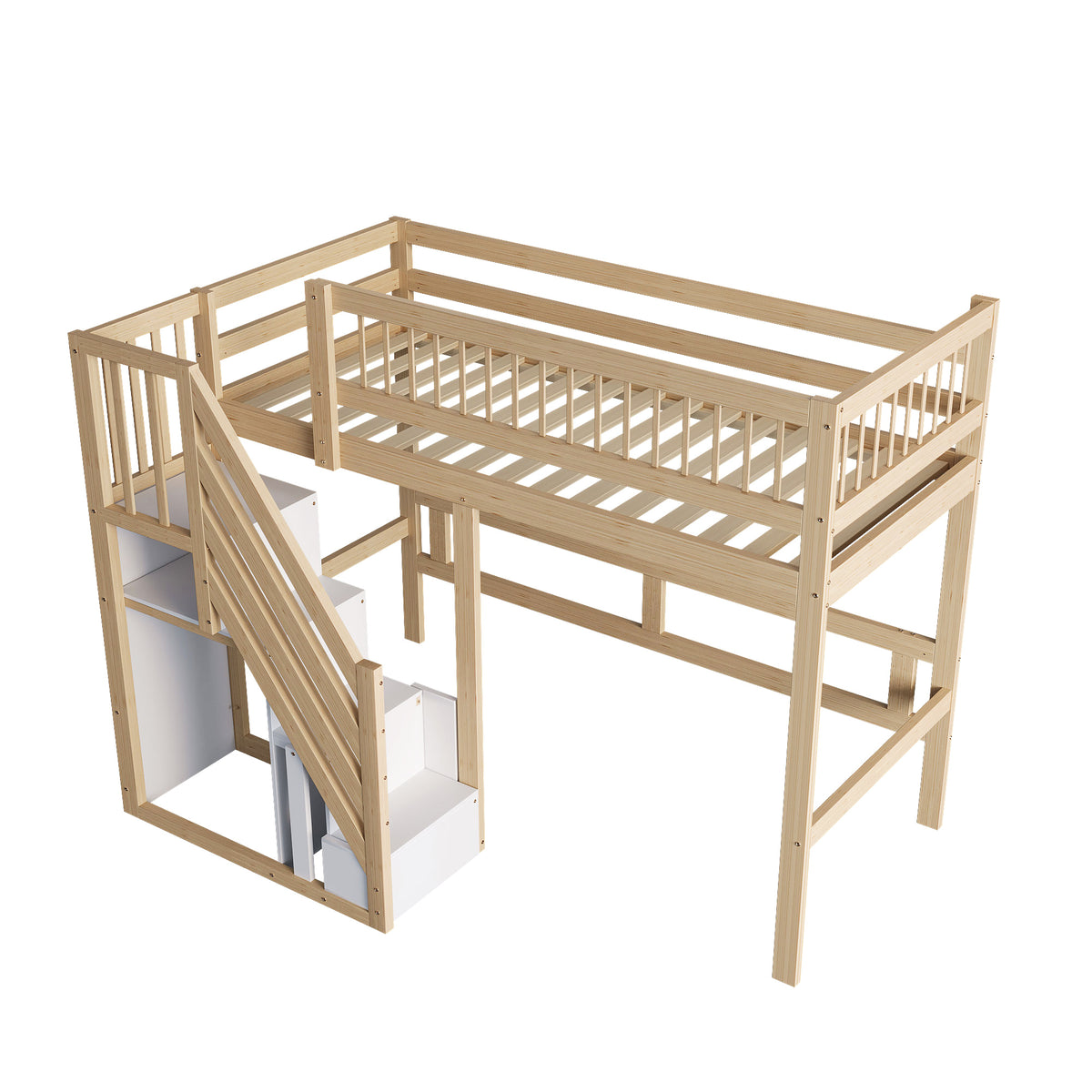 Solid Wood Bed 90x200 with Storage Stairs - Wood Color