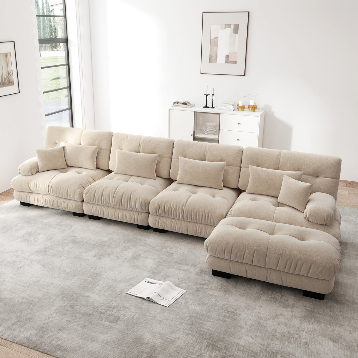 Modular Corner Sofa L-Shaped 4-Seater Cloud Couch Movable Ottoman DIY Combination, Chenille Light Brown