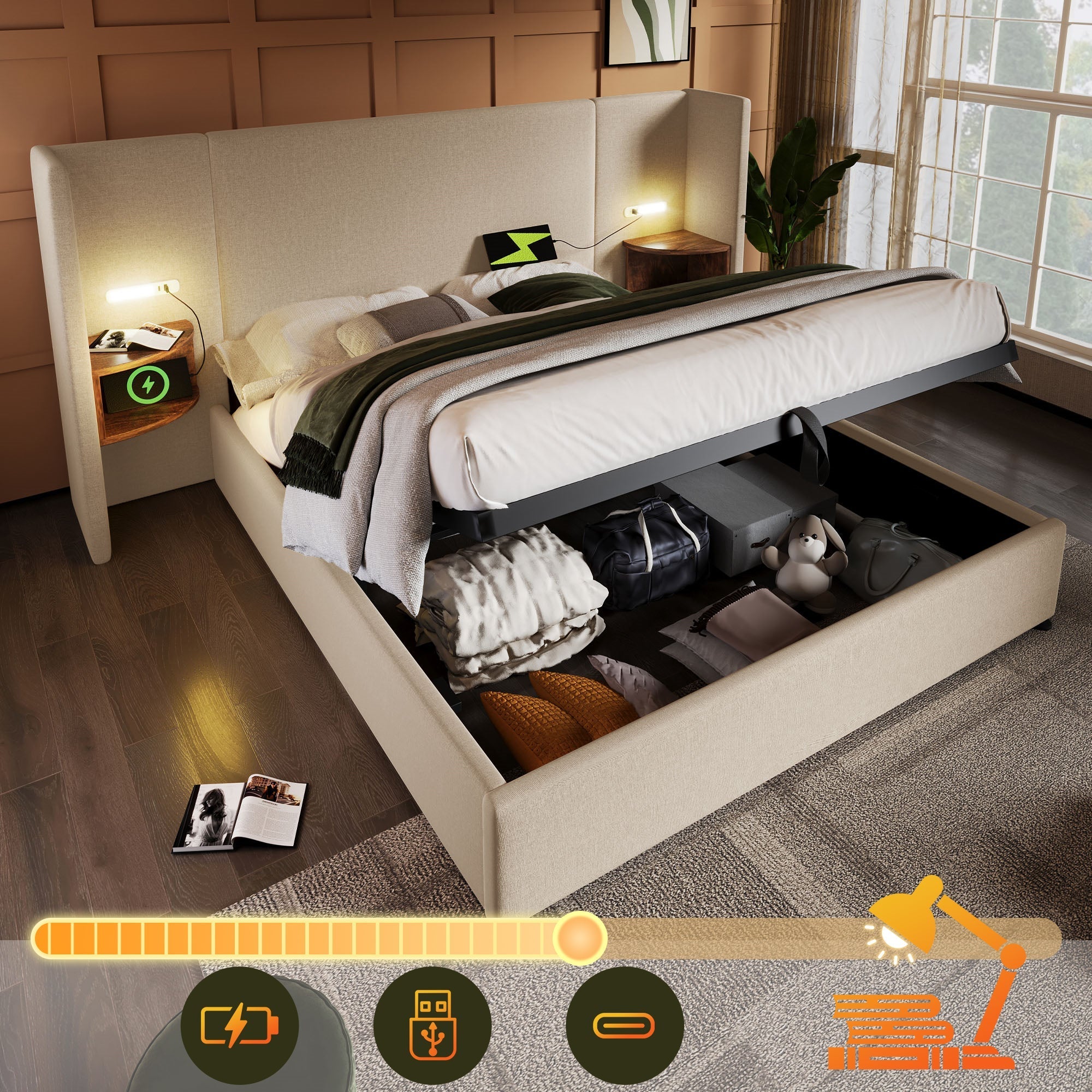 Upholstered Double Bed 180x200 with Bedside Table, Reading Lamp, USB-C Charging, Beige Linen
