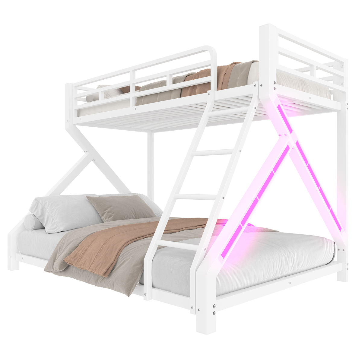 Kids Bunk Bed 90x200 & 140x200cm with LED Light, White Iron Frame