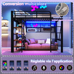 Loft Bed with Storage Shelves, Clothes Rail and LED Light Strip, Black Metal