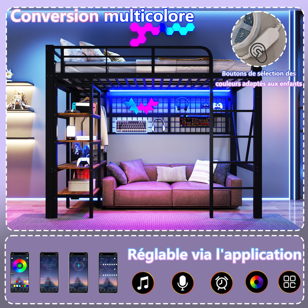 Loft Bed with Storage Shelves, Clothes Rail and LED Light Strip, Black Metal