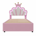 Upholstered Bed 90x200cm Crown Headboard Ambient Light 2 Drawers - Pink PU