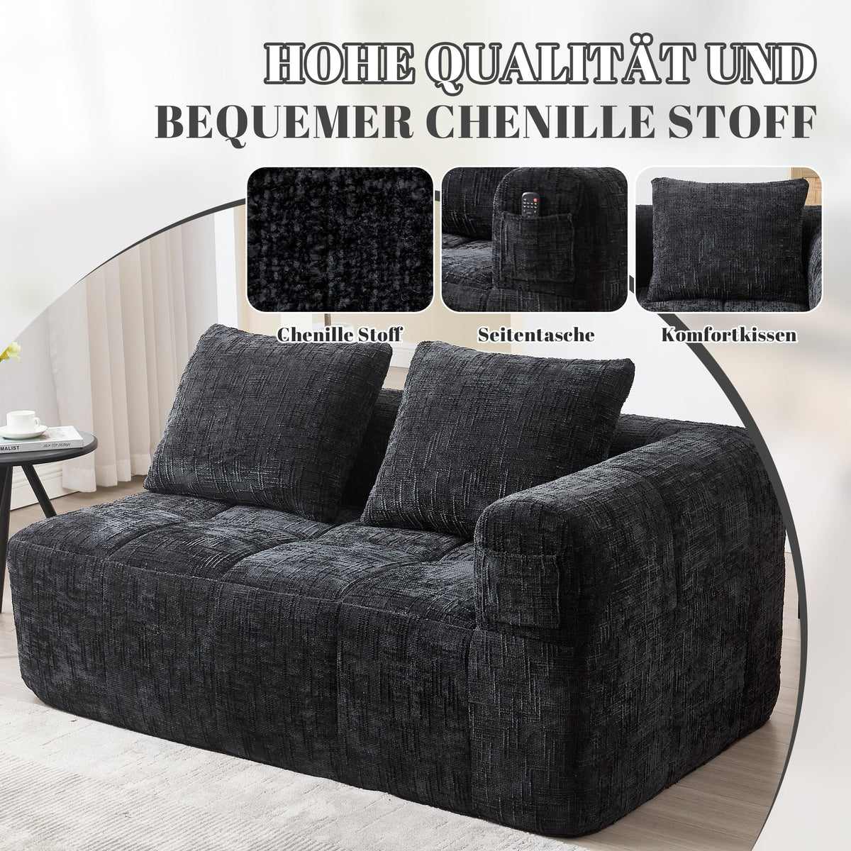 Sofa 2-Person Plush Cushion Side Pockets, No Assembly, Black