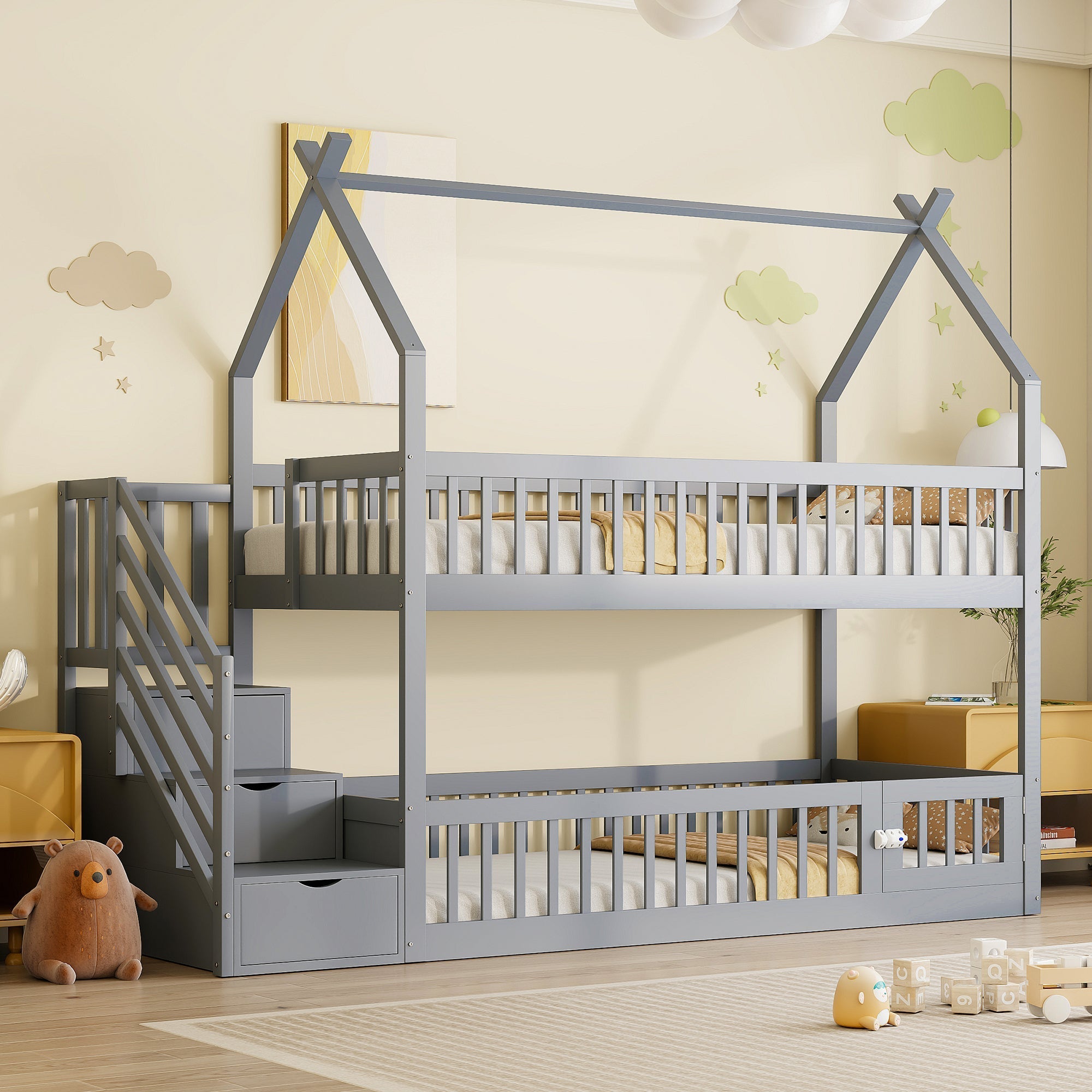 Bunk Bed, 90x200 Children's Single with Roof, Ladder & Storage Drawers, Solid Wood Gray