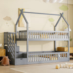 Bunk Bed, 90x200 Children's Single with Roof, Ladder & Storage Drawers, Solid Wood Gray