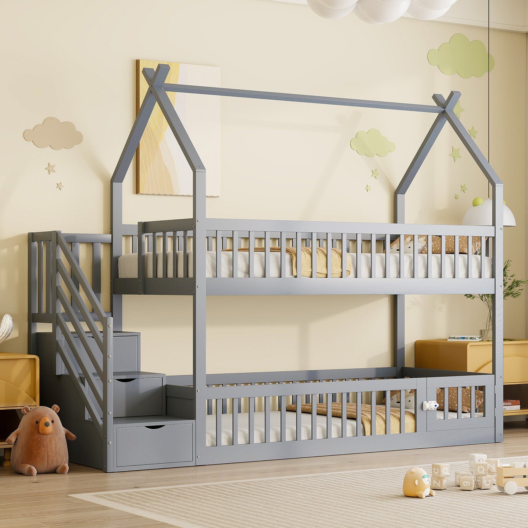 Bunk Bed, 90x200 Children's Single with Roof, Ladder & Storage Drawers, Solid Wood Gray