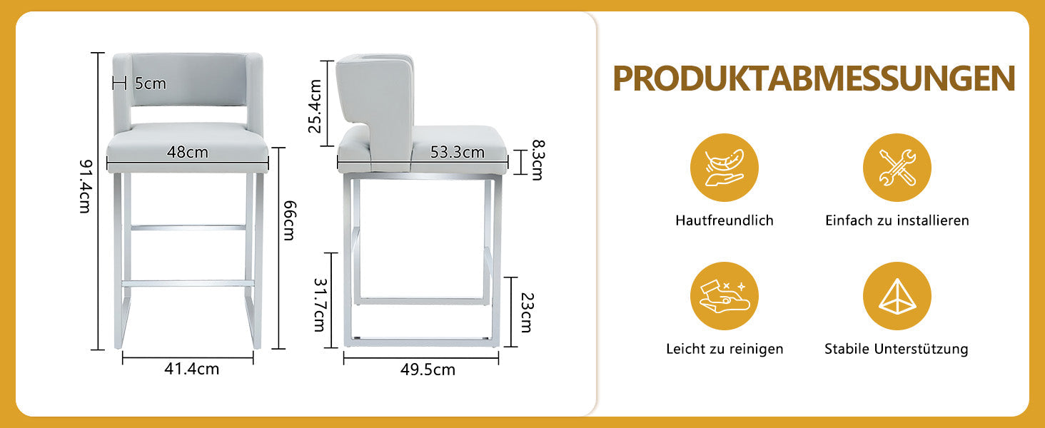 Nordic Bar Chairs Set of 2 Modern Square Design Silver Metal Legs Light Grey