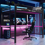 Gaming Loft Bed Frame with 140x200 Desk, LED and USB, Black Metal
