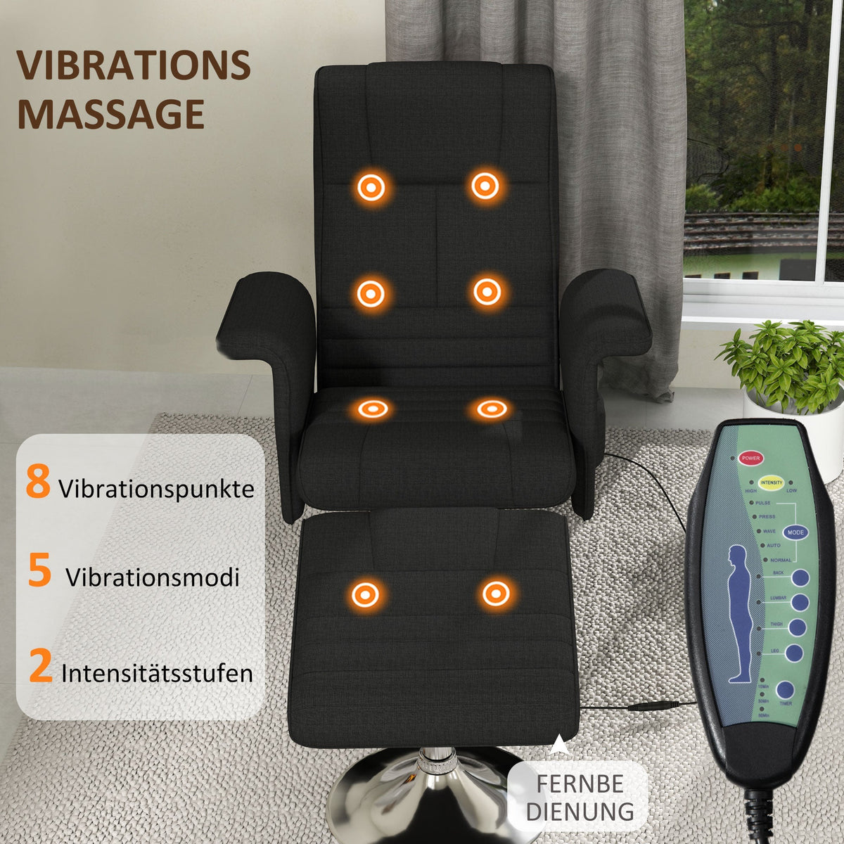 Recliner Chair Swivel Massage 8-Point Vibration Electric with Footstool, Linen Look Steel Black