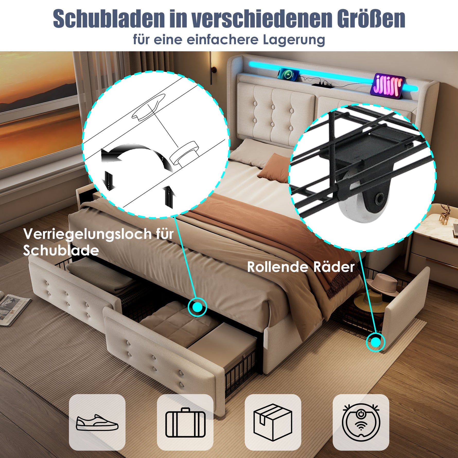 Upholstered Bed 140x200, LED Headboard with USB-C, 4-Drawer Storage, Beige Cotton