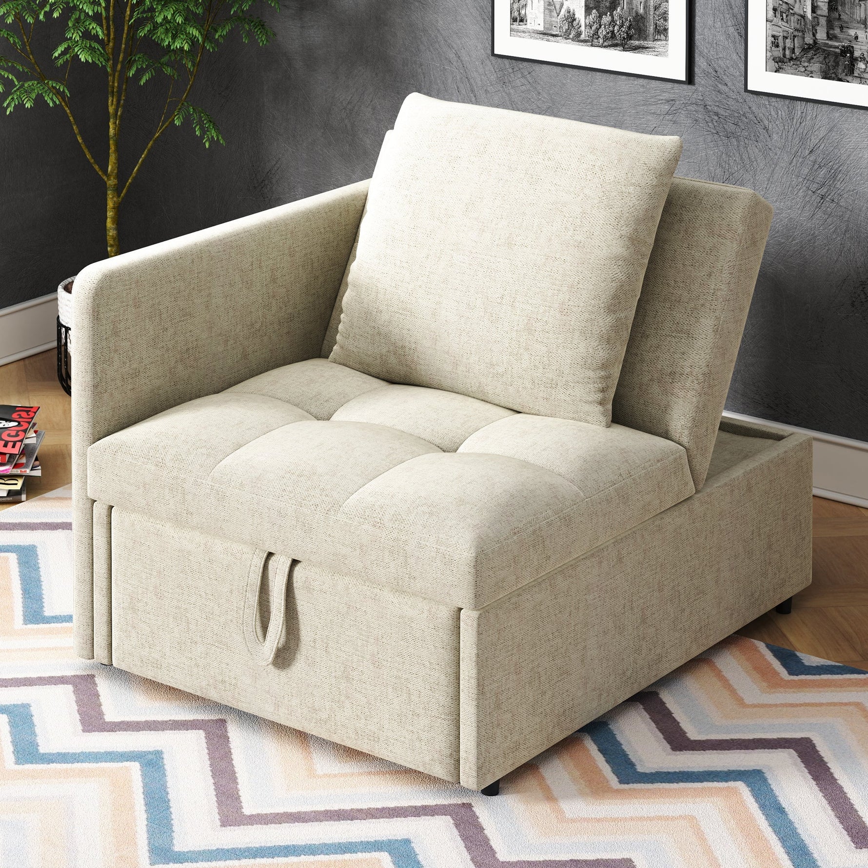 3-in-1 Multifunctional Sofa Bed, Space-Saving Sleeper with Linen Fabric, Grey/Beige