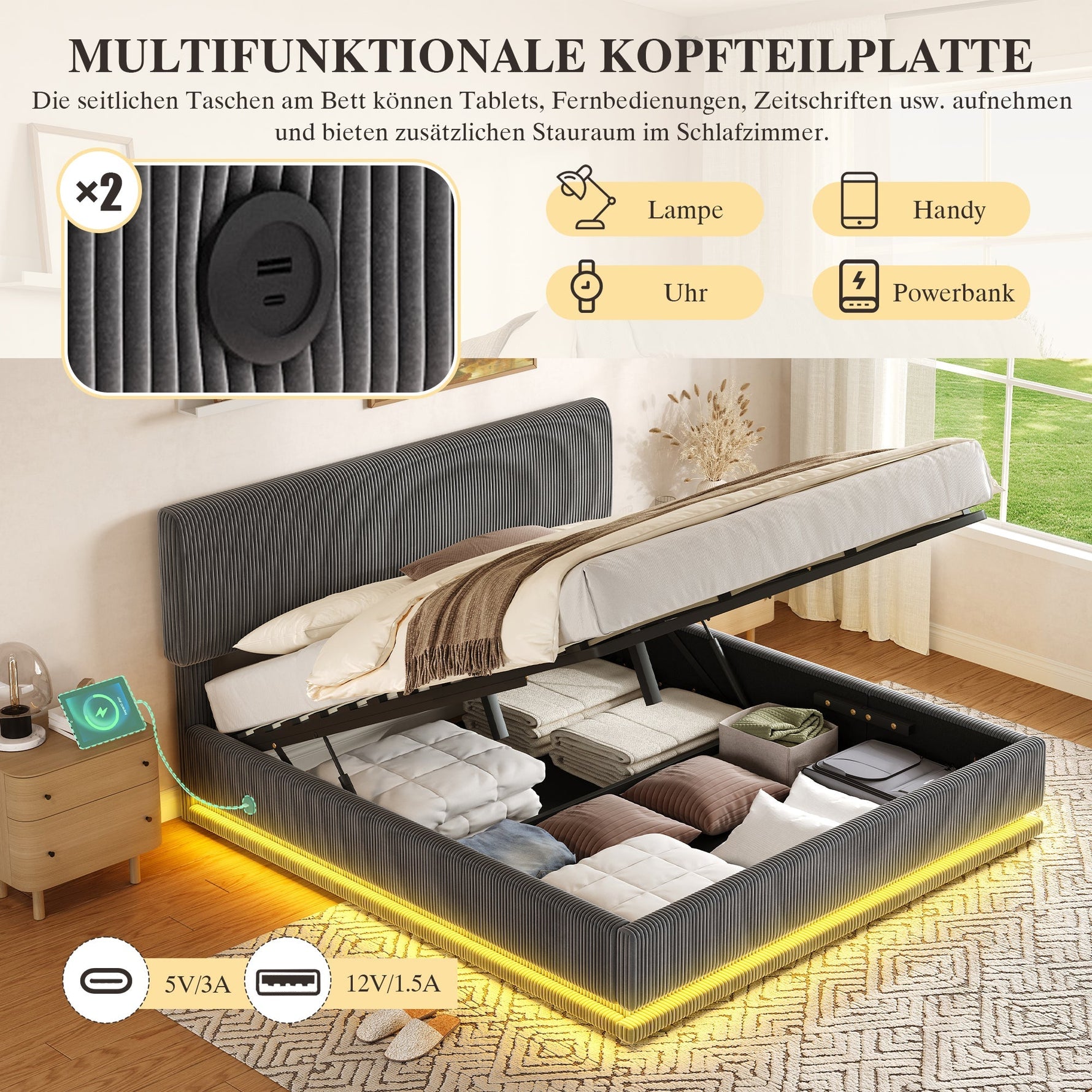 Modern Upholstered Bed with LED Lighting, USB-C and Storage, 160x200 Gray Corduroy