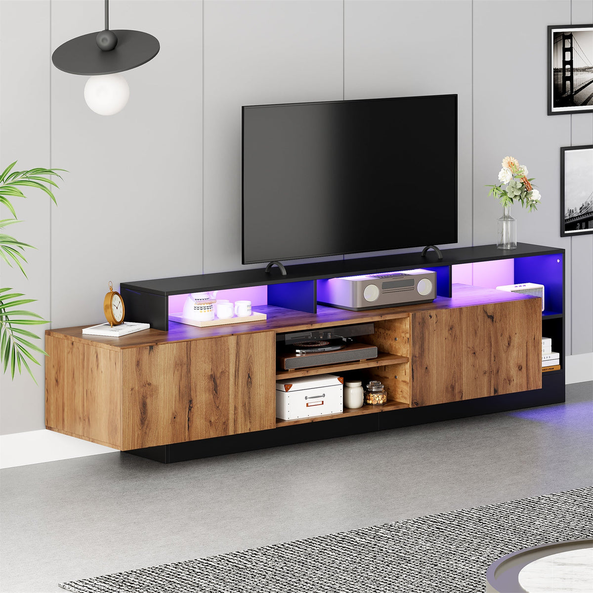 TV Cabinet 70 Inch Open Storage LED Display Wood/Black Frame
