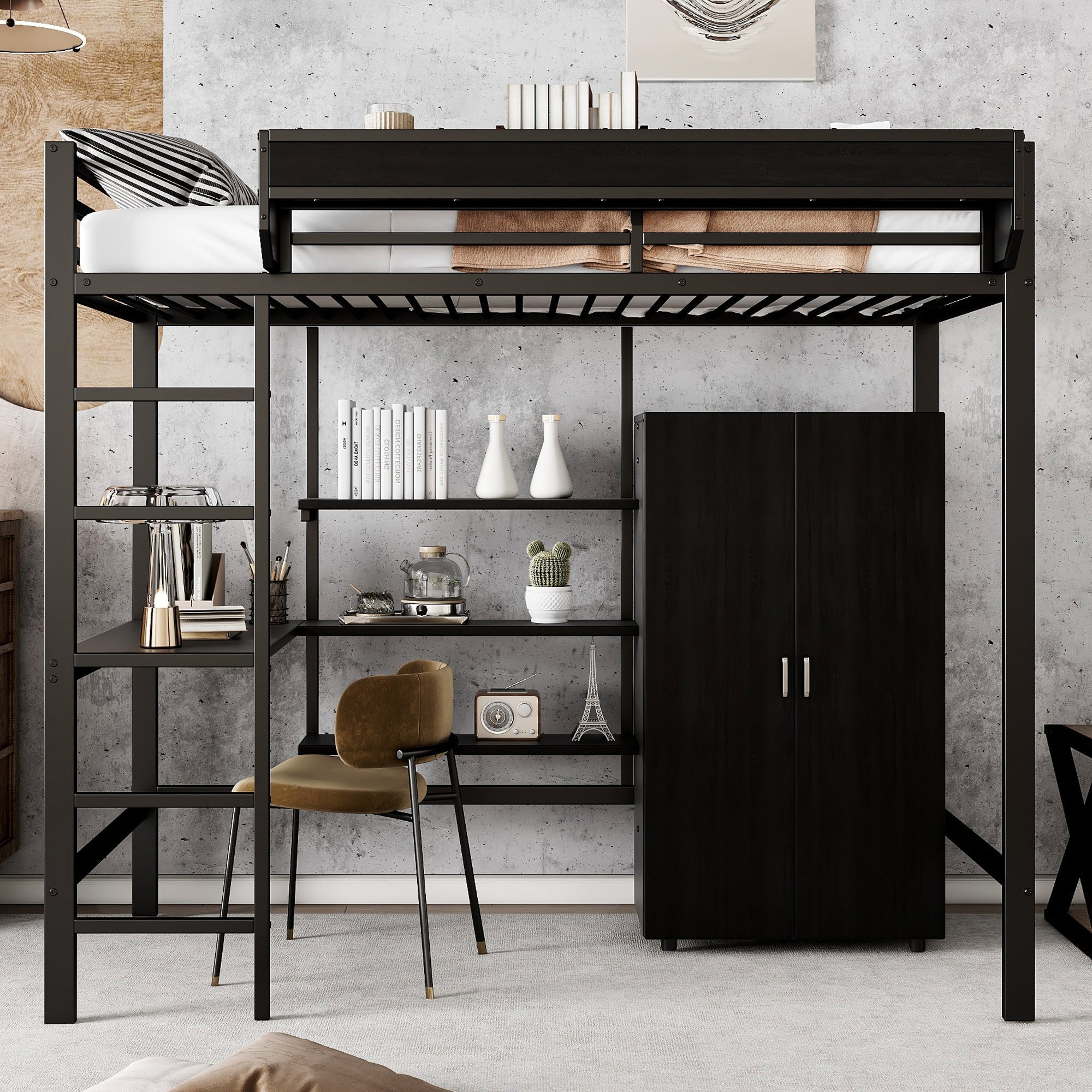 Iron Bunk Bed with Table, Wardrobe, Storage, 5-Step Ladder, 90x200cm - Black Iron/Chipboard
