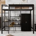 Iron Bunk Bed with Table, Wardrobe, Storage, 5-Step Ladder, 90x200cm - Black Iron/Chipboard