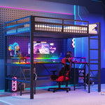 Loft Bed with Desk, LED Lights, Pegboard and Charging Ports, Black Iron Frame