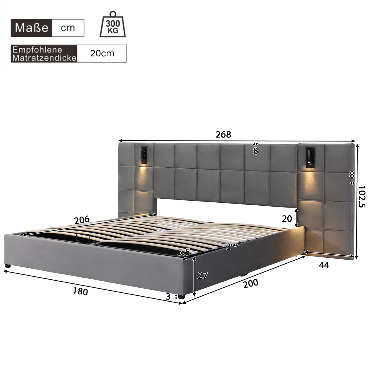 Upholstered Bed with Hydraulic Storage, Lamp and USB Charging, 180x200cm, Grey Velvet