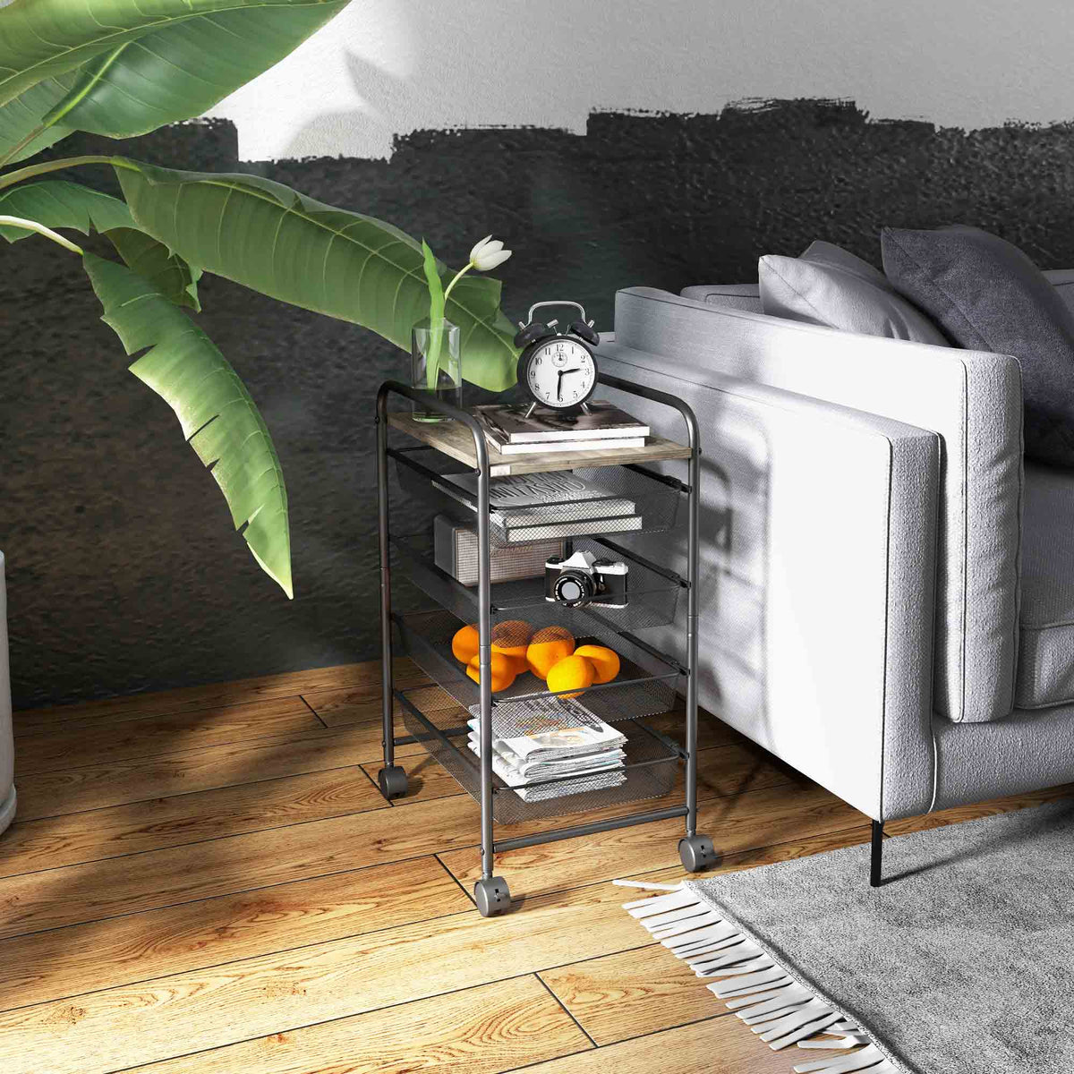 Kitchen Cart, 4 Baskets Storage Rack on Wheels, Steel Black