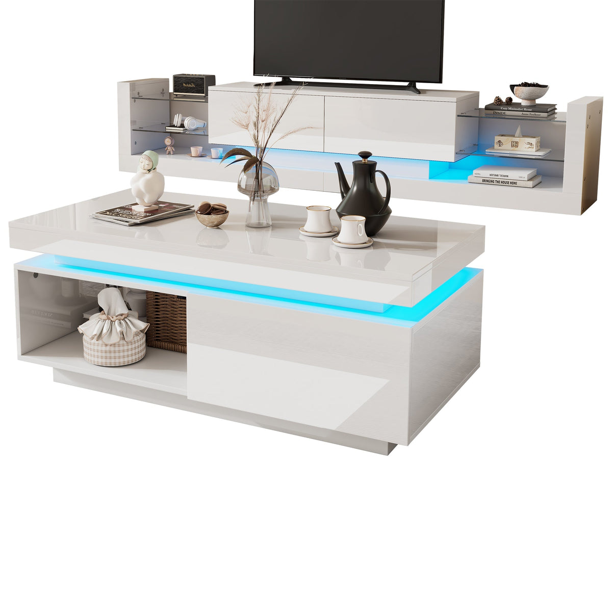 High-gloss TV Cabinet Set + Coffee Table, Living Room Wall Unit, White