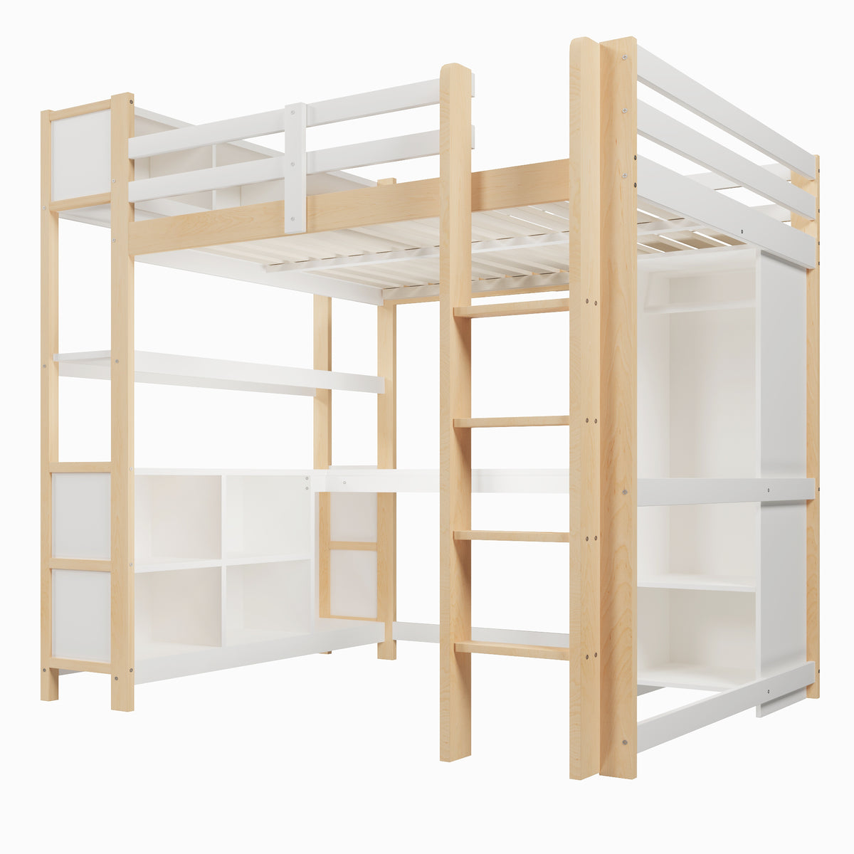 Loft Bed 140x200cm with Storage, Desk & Wardrobe, Natural