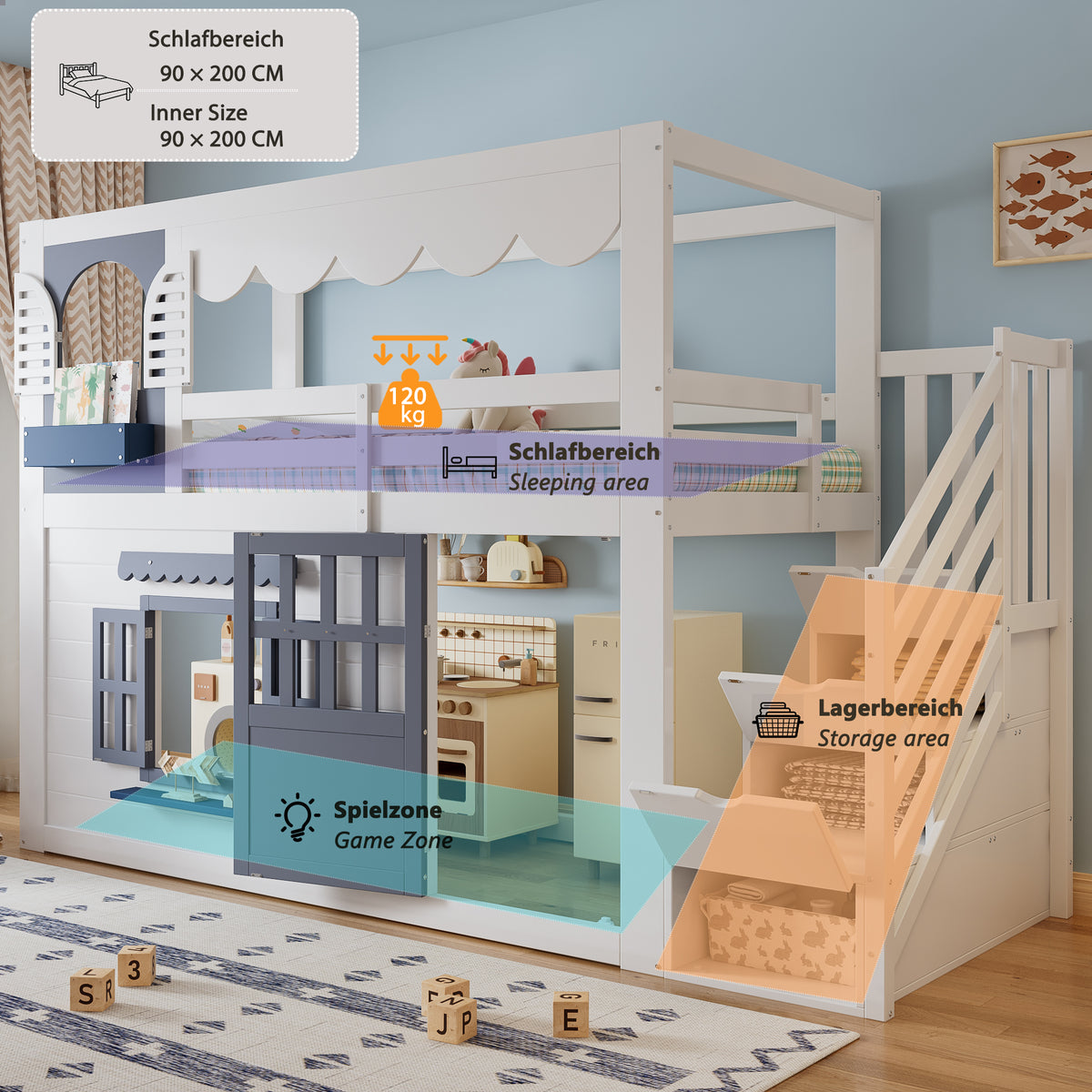 Children's Loft Bed 90x200cm with House Design & Storage, White