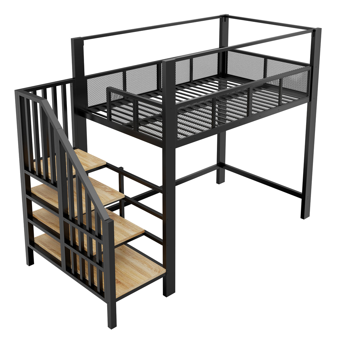 Metal Loft Bed 90x200cm with Canopy, Desk & Storage Steps, Black