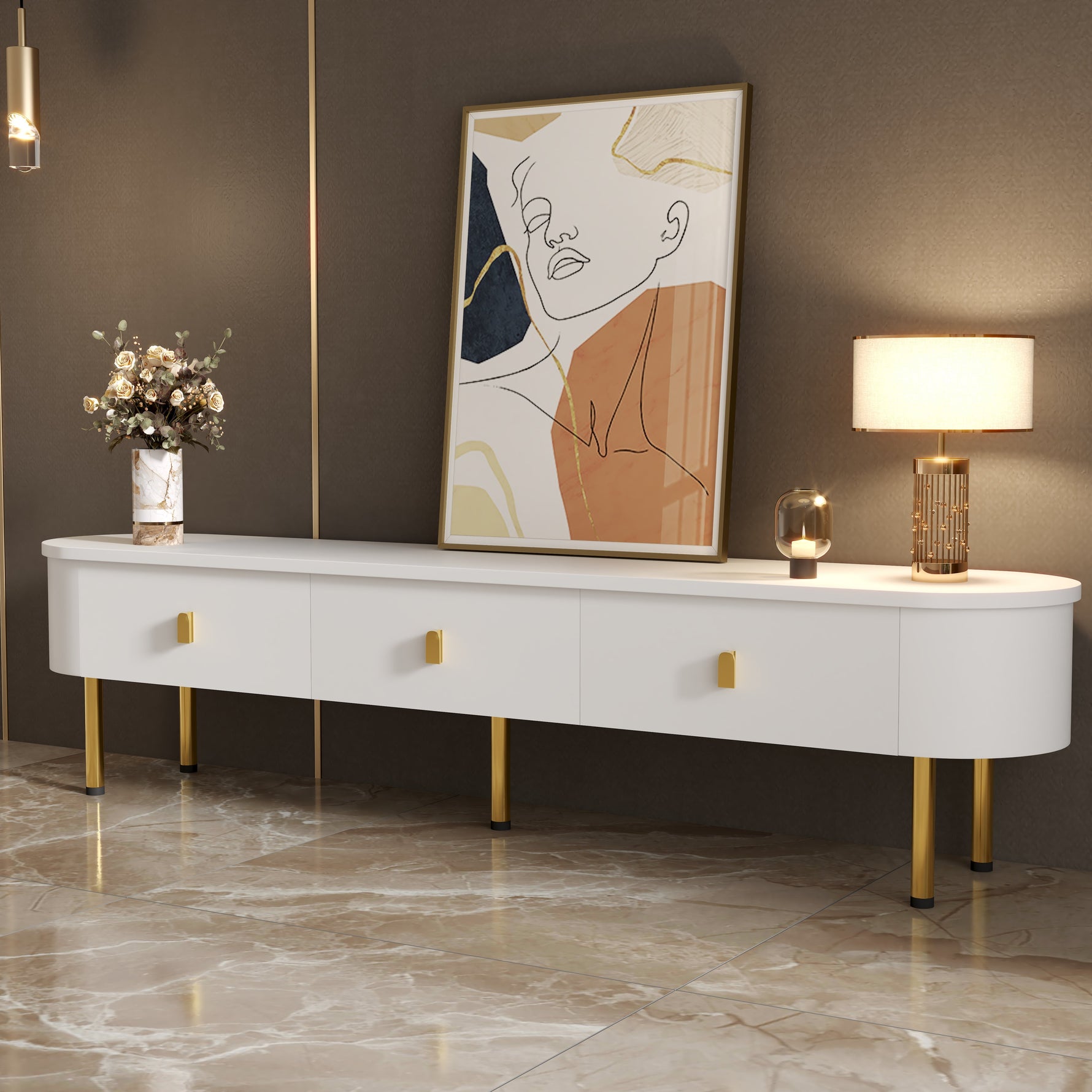 Lowboard TV Cabinet, Drawers with Golden Handles & Legs, Curved Corners