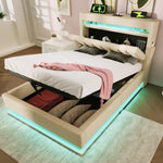 Upholstered Single Bed 90x200cm Storage Headboard LED Hydraulic, Beige Linen