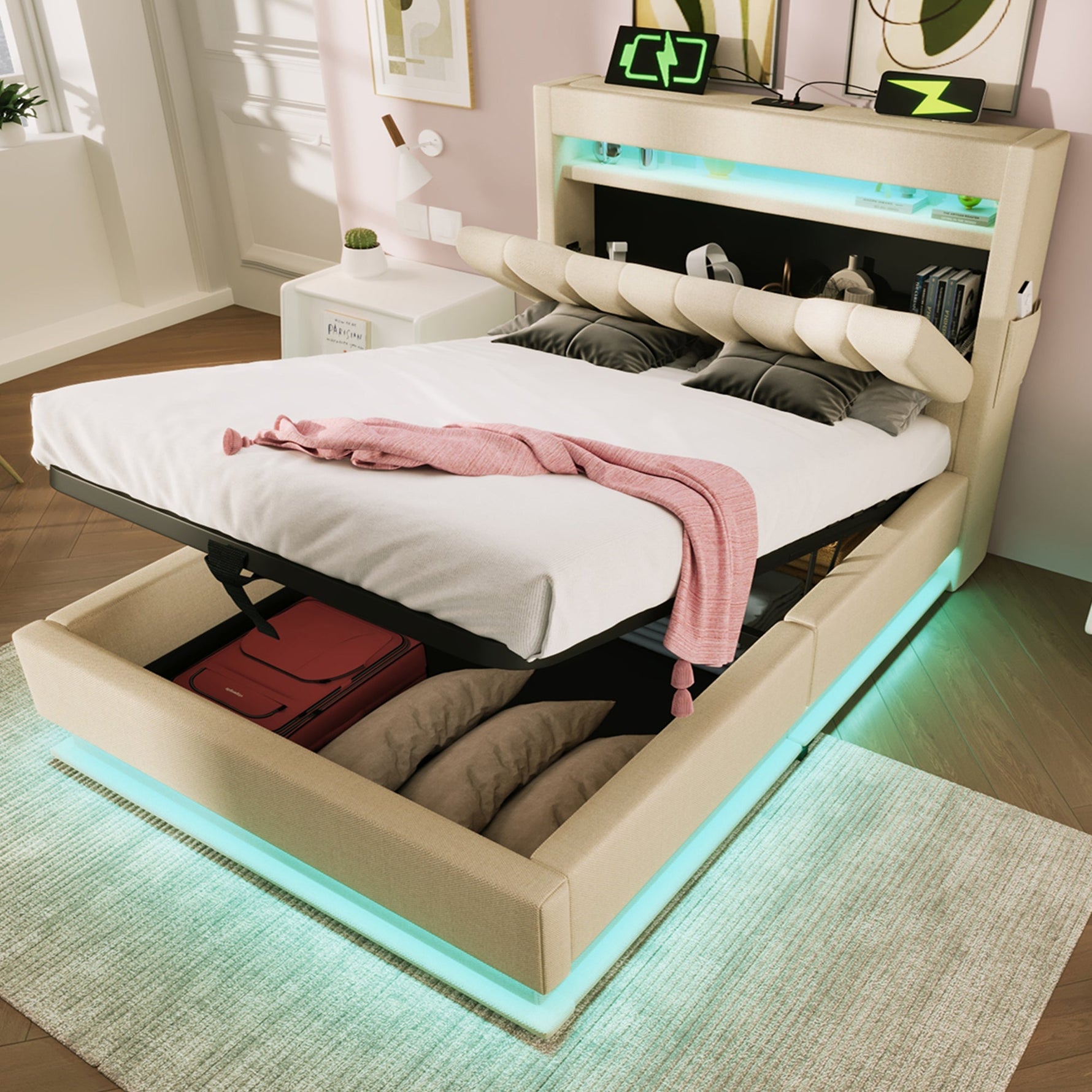 Upholstered Single Bed 90x200cm Storage Headboard LED Hydraulic, Beige Linen